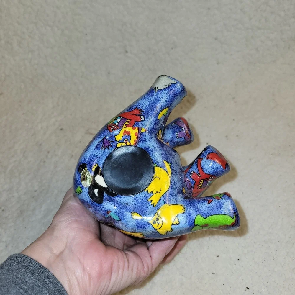 Vintage Ceramic Elephant Coin Bank‎ Blue Zoo Animal Print Whimsical 1990s Decor